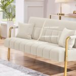 Beige Velvet 2-Seater Loveseat – Modern Sofa with Gold-Tone Frame - Image 5
